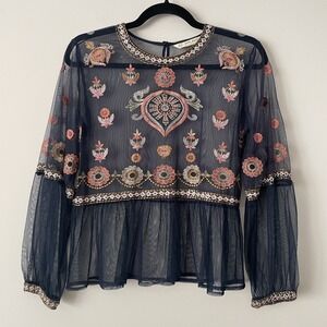 Zara Embroidered Mesh Long Sleeve Top Sz S Ruffle Fairy Grunge Boho Sheer Layer